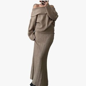 Cozy Ribbed Knit Sweater Skirt Set in Tan. NWOT.